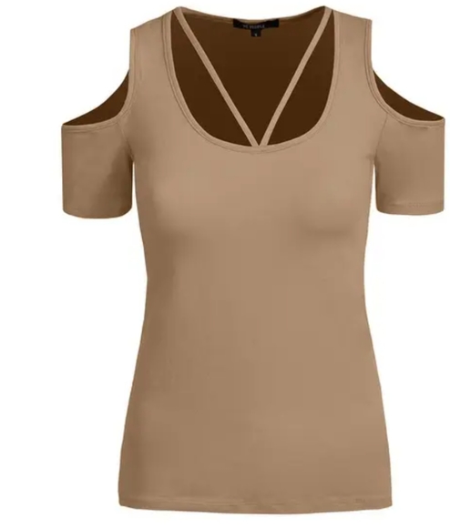 Beige sexy lowcut strappy criss cross shirt top - Picture 1 of 3